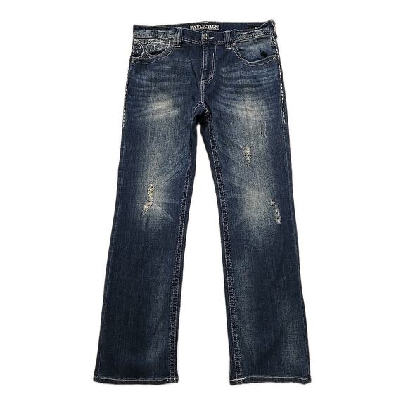 Affliction Mens Cooper Jeans Sz 34 Distressed Embroidered Flap Pocket Boot - Picture 2 of 15